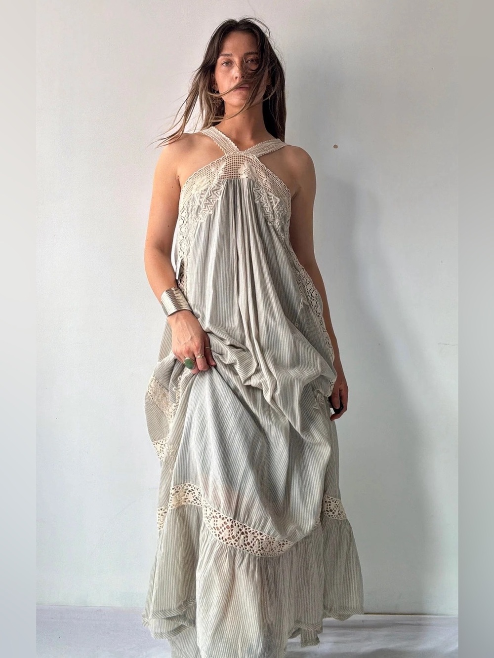 Free People Pinny Midi Dress Size XS Light Gray Crochet Halter Neck Cottagecore